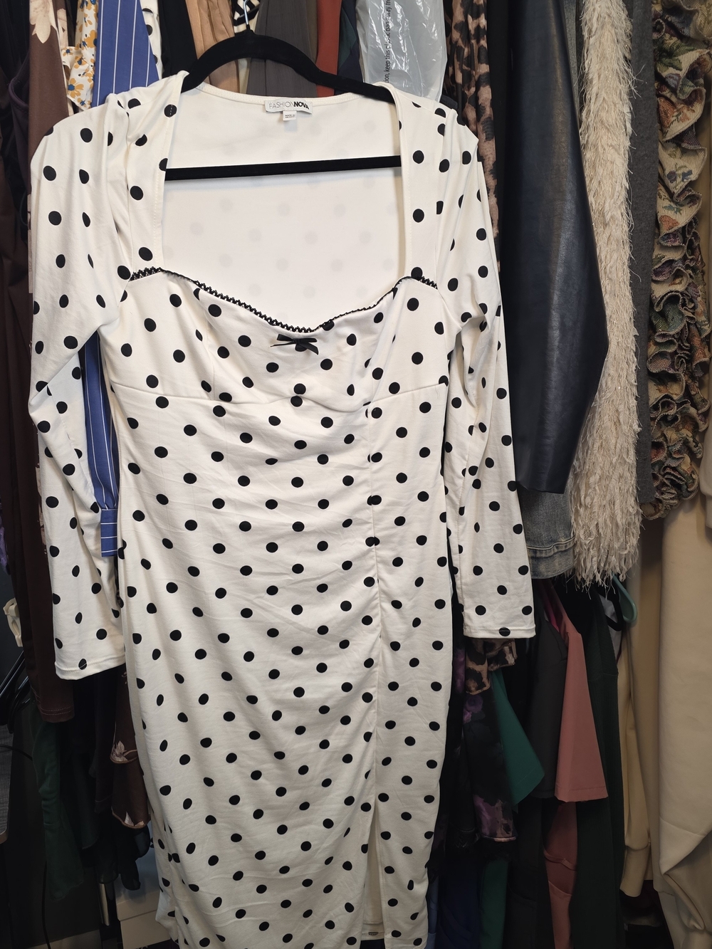 Fashion Nova White Midi Dress with Black Polka Dots